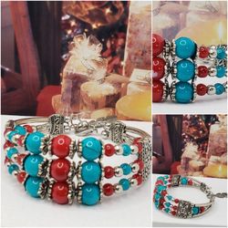 Vintage native bracelet, turquoise and red stone. beautiful rare piece. #960
