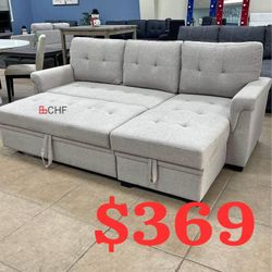 84"W Light Gray Linen Reversible Sleeper Sectional Sofa with Storage Chaise  84"W X 54"D X 35"H