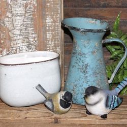 NEW French Country Farmhouse Blue Distressed Pitcher Ceramic Pot & Decor Birds