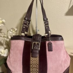 Coach Signature Demi Stripe Shoulder Bag Pink Suede Vintage
