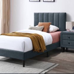 ✅️✅️Charcoal brushed linen fabric upholstered twin bed frame set vertical channels tufted headboard✅️✅️