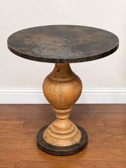 Round Pedestal Accent Table – Dark Stone-Look Top & Natural Wood Base