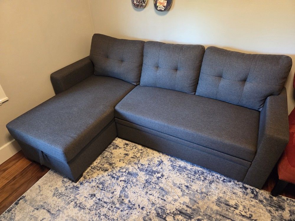 L-Shaped Polyester Fabric Reversible, Easy Convertible Pull-Out Sleeper Sectional Sofa/Storage Chaise