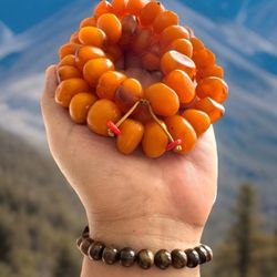 Vintage & Massive Ethnic Tibetan Butter Scotch Amber Beaded Necklace 27”inch & 185grams