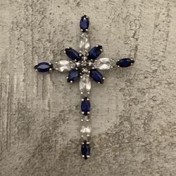 10K White Gold Sapphire Cross Necklace Pendant 