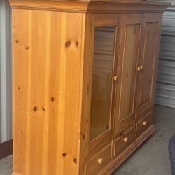 Solid Oak Furniture For Sale. Armoire And TV Stand With Glass Display Curio Side With Drawers. 