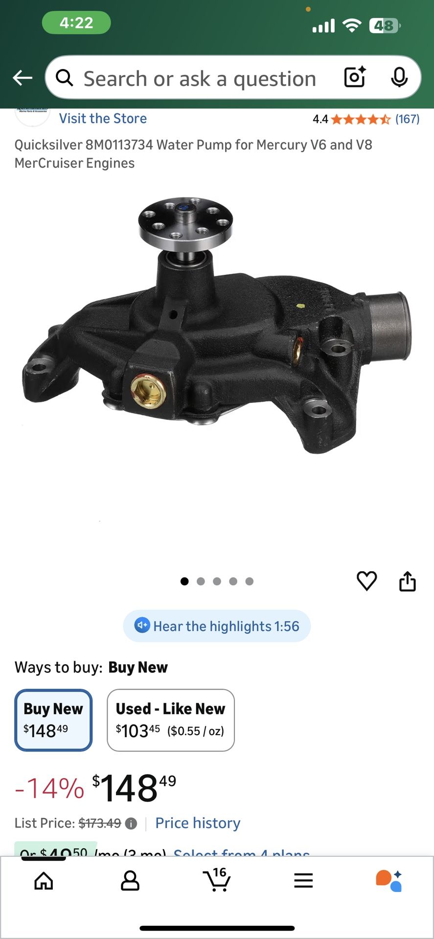 New Quicksilver 8M0113734 Water Pump for Mercury V6 and V8 MerCruiser Engines