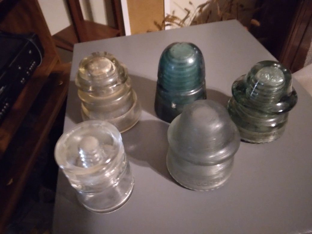 Antique Glass Insulators, Green, Smokey Clear, & Clear Perfect Condition 