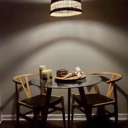 Beautiful Natural Wood Round Table + 2 Wishbone Chairs – $100 (table) + $55 (chairs)