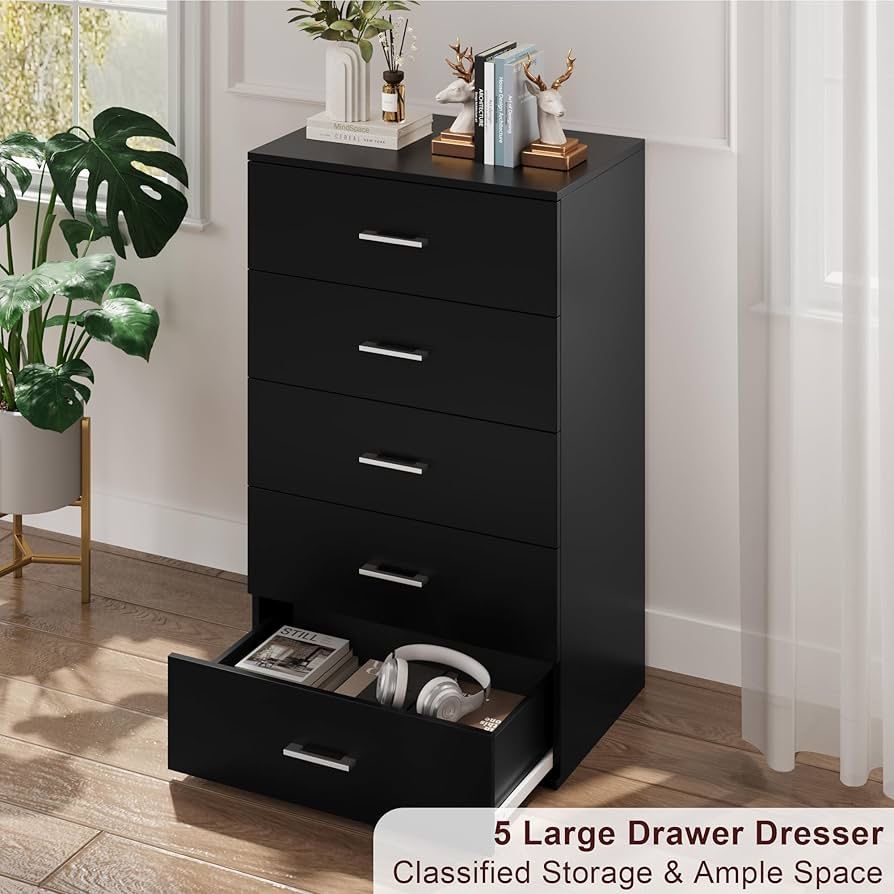 Tall Black Dresser, 5 Drawer Dressers with Large Capacity, Tall Dresser with Metal Handles, Chest of Drawers Cabinet Wood Dressers for Hallw
