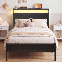 Twin Black Bed Frame with LED Headboard Shelf