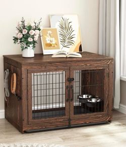 Piskyet Wooden Dog Crate Furniture with 360°Rotatable Removable Dog Bowls, Dog Crate End Table with Tray, Double Doors Dog Kennels for Dogs(L:37.7" L*