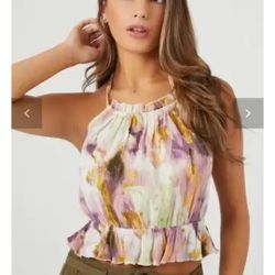 Water Print Pleated Halter Top