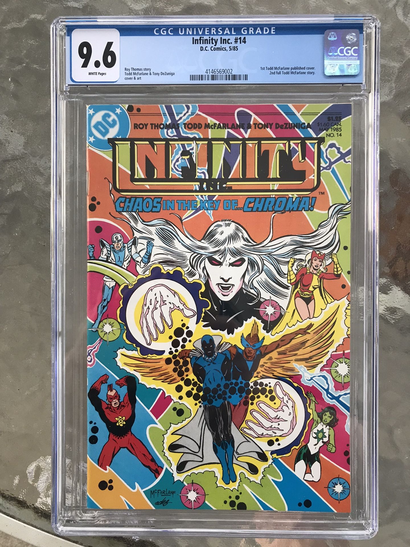 Infinity Inc. #14 (1985) CGC 9.6 — White Pages; 1sr Todd McFarlane Cover Published