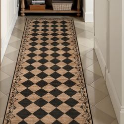 Beeiva Checkered Kitchen Runner Rug 2x6 Vintage Washable Runners for Hallways Non Slip Ultra Thin, Moroccan Framhouse Bathroom Runner Fall Brown Print