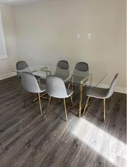Big Glass Dining Table and 6 Gray Velvet Chairs