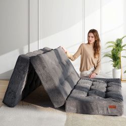 Tri-Fold Mattress, 6 Inch Tufted Folding Mattress Full Foam Bed with Corded Fabric, Dark Grey Twin