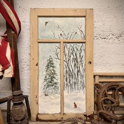 Christmas scenery painted antique window 31” H x 17.5”W 
