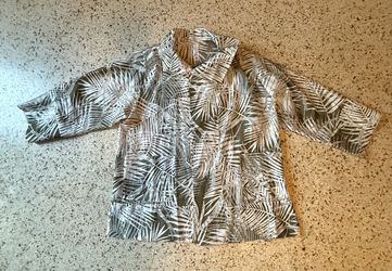Marla Wynne Women's White Gray Tropical Print Collared Button-Up 3/4 XL
