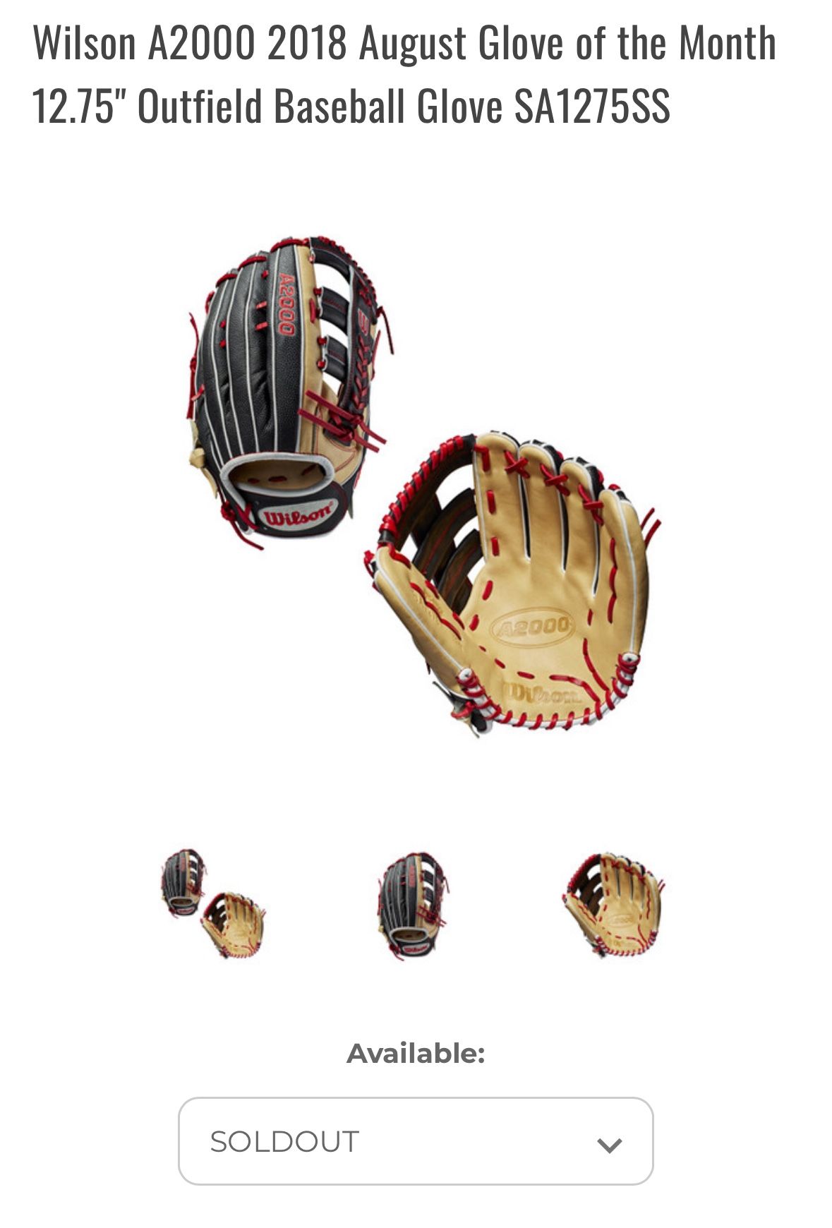 Wilson A2000 2018 August Glove of the Month 12.75" Outfield Baseball Glove SA1275SS