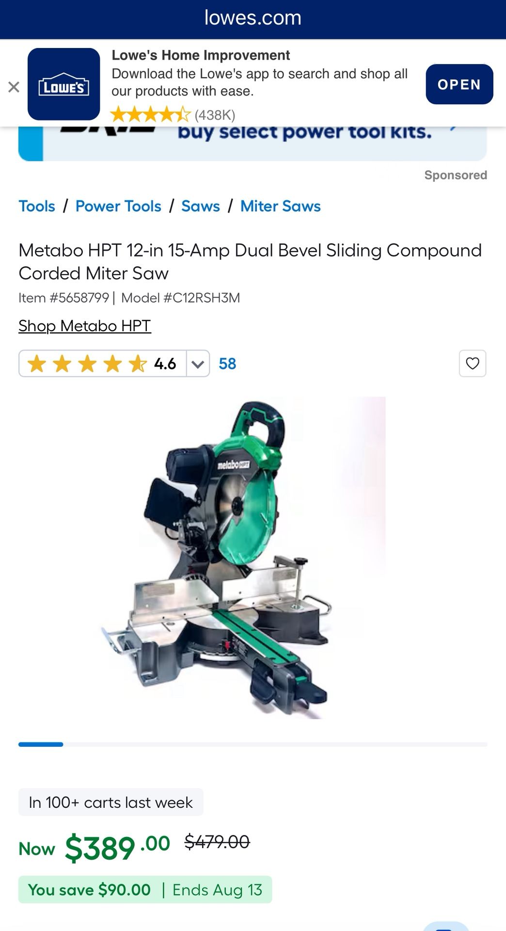 Metabo HPT 12 Dual Bevel Sliding Miter Saw 4000 RPM C12RSH3M