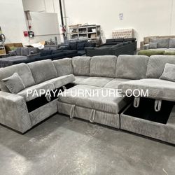New! 120”L Grey Sectional Sofa Bed,Sectionals, Sofa, Couch, Corduroy Sectional Sofa With Storage, Sleeper Sofa. Sofabed, Sofa Bed,U Shaped Sectionals