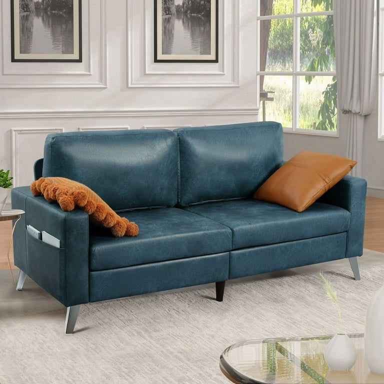3 Seat Sofa for Home or Office, Morden Style PU Leather Couch Furniture, Stationary Sofa with Attached Seat Cushions (Blue + 3 Seat) $299 π Warehous