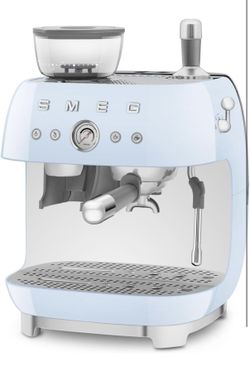 Smeg EGF03 Semi-Automatic Espresso Machine with Built-In Grinder, Dual Thermoblock, 50’s Retro Style – Pastel Blue (120 V)