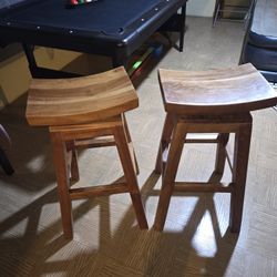 Two Heavy Wooden Rotating Seat Bar Kitchen Stools 