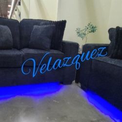 ✅️✅️2 pc black chenille fabric sofa and love seat set with square arms LED lighting✅️