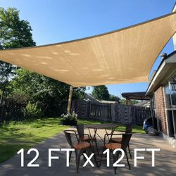 New In Box 12 x 12 Feet Square Sand Or Cream Color Sun Sail Shade With Anchor Ropes Patio Deck Cover Canopy 
