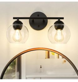 Emak 2-Light Black Bathroom Light Fixtures Over Mirror, Globe Bathroom Vanity Lights with Clear Glass Shade, VL114-BKL-2