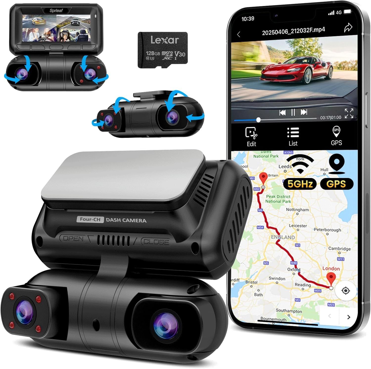 4 Channel Dash Cam with Front Cabin Rear Cabin Cameras, 360 Degree View Dash Camera for Cars, Built-in GPS, 5GHz WiFi, IR Night Vision, 24H Parking Mo