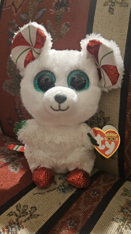 CHRISTMAS TY BEANIE BOOS "CHIMNEY" WHITE MOUSE PLUSH TOY 6"INCHES