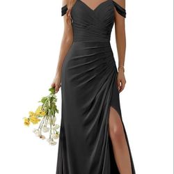 Long Satin Prom Dresses with Slit Off The Shoulder Ball Gown A Line Pleated Formal Evening Gown for Women

Black