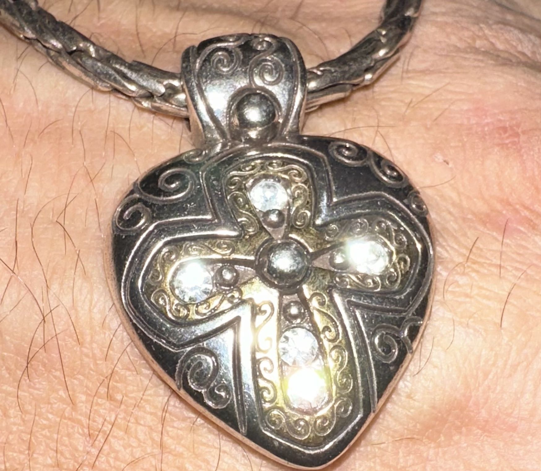 Gold Cross Inside Silver Heart With 5 Moissanites Pendant Necklace