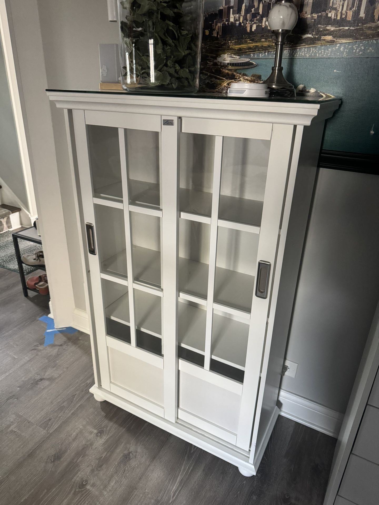 White Wooden Cabinet With Display Sliding Doors