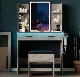 Vanity Desk with LED Lights Mirror & Power Outlet, Small Makeup Vanity Table Set with Storage Drawers & Chair, 3 Lighting Modes & Adjustable Brightnes