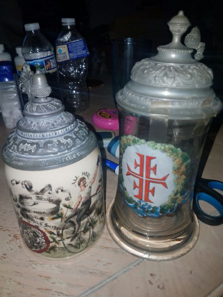 2 Pre war antique pewter beer steins