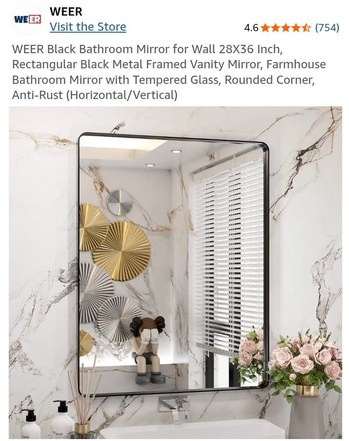 WEER Black Bathroom Mirror for Wall 28X36 Inch, Rectangular Black Metal Framed Vanity Mirror, Farmhouse Bathroom Mirror with Tempered Glass, Rounded C