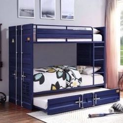 Brand New Industrial Blue Metal Twin/Twin Bunk Bed with Trundle