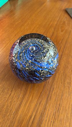 Vintage Beautiful Stormy Glass Paperweight, Blue  With Gold Flecks