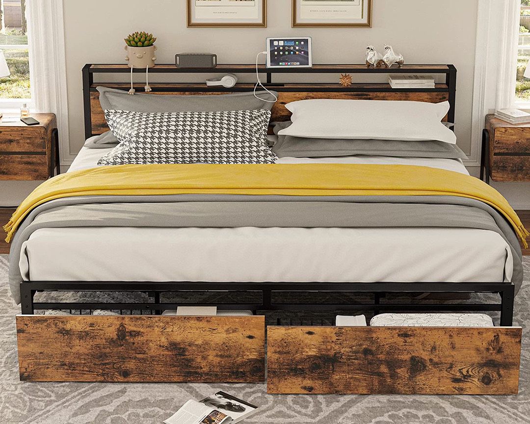 King Bed Frame with Storage Headboard, Platform Bed with Drawers and Charging Station