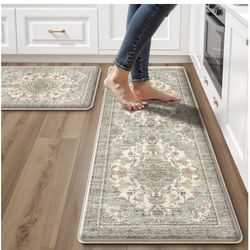 Juego de 2 tapetes de cocina bohemios para piso, acolchados antifatiga, de PVC, antideslizantes, impermeables, tapetes de casa de campo de 2/5 pulgada