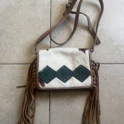 Shyanne Crossbody Cowhide brown leather fringe with turquoise purse / bag women