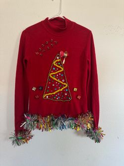 Red Ugly Christmas Sweater with Tinsel and Ornaments