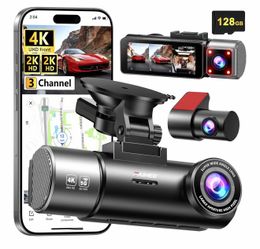 Cámara para Auto FAIMEE 4K Triple Cámara con GPS, WiFi y 128GB – Nueva — FAIMEE 4K 3-Channel Dash Cam with GPS, WiFi & 128GB – Brand New