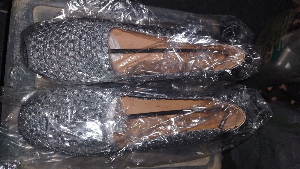 Two Pairs Of Women's Flats Size 9 And 1/2 One Sparkling Gray The Other One Black 40 Bucks