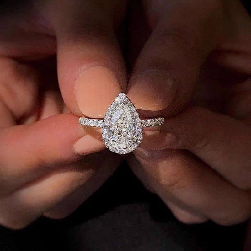 "Elegant Water Drop Bright Zircon Thin Pear Wedding Ring for Women, PD512