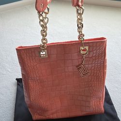 VERSACE Coral Orange Croc Embossed Leather Shoulder Bag Gold Chain ITALY